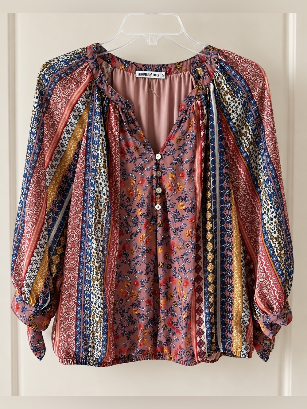 Figueroa & Flower Multi Stripe Blouson Sheer Sleeve Top EUC M #1491